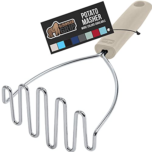 Gorilla Grip Stainless Steel Potato Masher, Comfortable Large Rubber Handle, Rust Resistant, Loop Wire Design, All Purpose Food Smasher, For Mashed Potatoes, Avocado and Beans, Meat Chopper, Almond