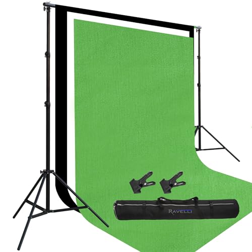 Kit Professionel Studio Photo ou Video par Ravelli (ABSMWMBMCG1020) Inclus Support de Fond + Lot de 3 Toiles de Fond de couleur Vert, Blanc, Noire en Mousseline Premium Clé Chromatique + Accessoires + Sac de Transport