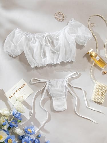 Image of Lilosy Sexy Stretch Ruffle Tie Sheer Mesh Lingerie Set Outfits