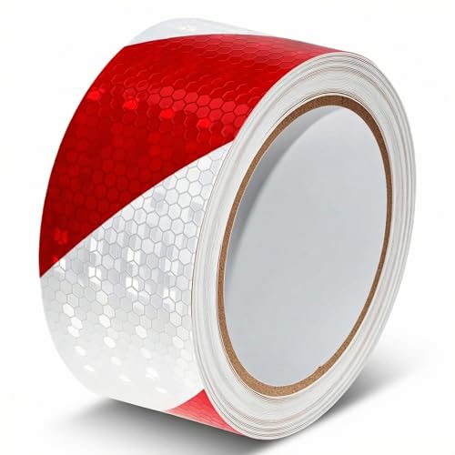 QWORK® 10M x 5CM Cinta Reflectante Adhesiva Roja y Blanca - Impermeable, Alta Visibilidad, para Vehículos y Seguridad al aire libre