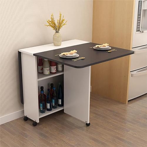 Mesa de comedor plegable con ruedas que ahorra espacio con estantes de almacenamiento abiertos, mesa extensible Versate en blanco y negro para trabajo, estudio y comedor