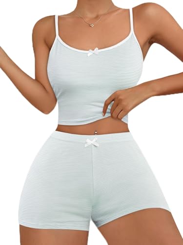 Image of Hilinker Womens Graphic 2 Piece Pajama Set Summer Cute Crop Cami and Shorts Ribbed Lounge Sets