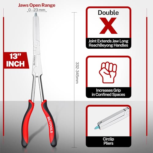 Image of BILITOOLS 13 inch Long Reach External Snap Ring Pliers, Double Joint | Long Circlip Pliers For External Retaining Rings, Wide Jaw Opening And Tight Space Automotive Ring Removal