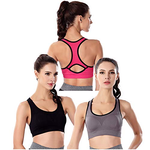 3 Pack Racerback Sports Bras for Women Sports Bras High Impact Workout Bras (Black Gray Red ?1?, Large)