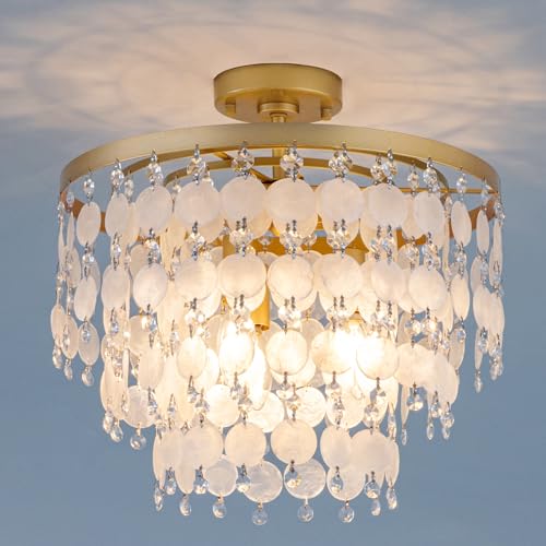 TOCHIC Modern Capiz Shell Chandelier, Boho Coastal Beach Chandelier for Bedroom, Small Semi Flush Mount Ceiling Pendant Light Fixture for Dining Living Room, Kids Room, 16”W, Gold
