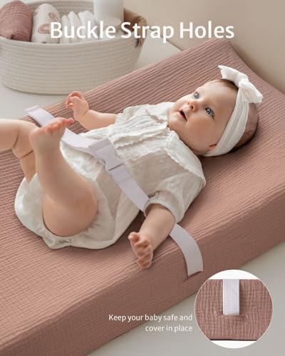 Image of Blissful Diary Muslin Changing Pad Cover for Baby Girls, Ultra Soft Breathable Cotton, Baby Diaper Change Table Pad Covers, 2Pack (Blush Bunny & Dusty Pink)