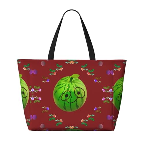 Big Eye Watermelon Large Capacity Beach Travel Bag, Foldable Beach Bag with Zipper, Great for Grocery Bag Pool Gym Travel Shopping2