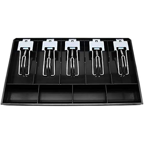 Cash Register Drawer Insert Tray 5 Bill/4 Coin Compartments with Metal Clip for Money Storage, Black
