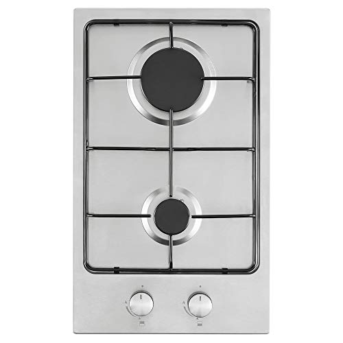 Cookology GH306SS Gas Hob 30cm Cooktop Built-in 2 Burners with LPG Conversion Kit Enamel Pan Supports, Auto Igniton and Flame Failure Safety - In Stainless Steel