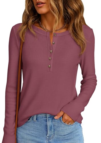 Image of PRETTYGARDEN Women's Long Sleeve Waffle Knit Henley Shirts