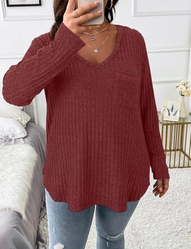 Image of Koscacy Women Plus Size Casual Knit Sweater with Pocket V Neck Solid Color Tops Lightweight Long Sleeve Blouses