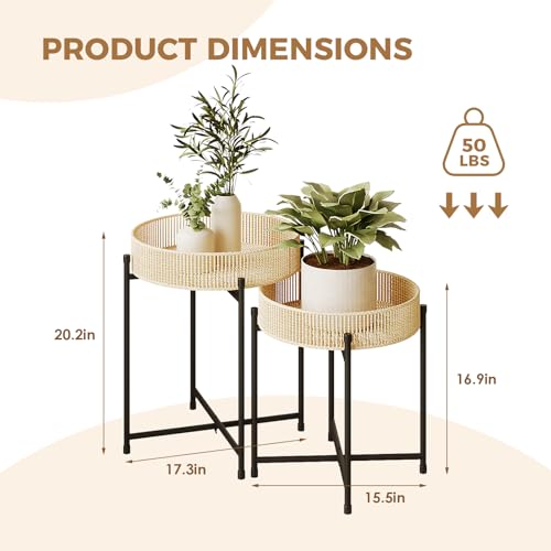 Bamworld Plant Stands Set of 2 Tall Plant Stand Indoor Rattan Plant Table for 5 Pots Plants Round Flower Stand Outdoor for Home Decor Balcony Patio