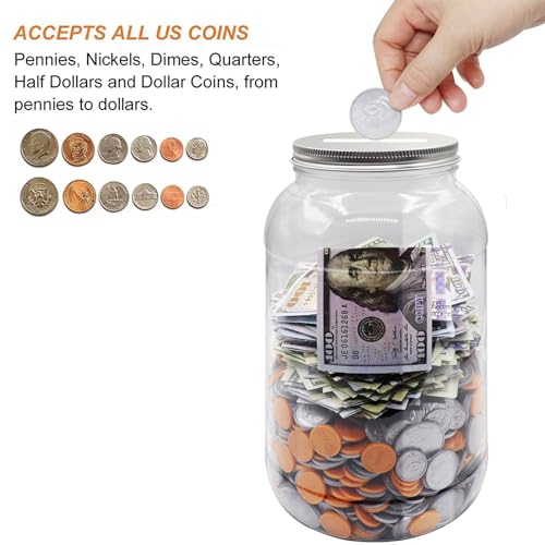 Large Clear Coin Bank Jar with Slotted Lid, One Gallon Plastic Money Tip Change Savings Coin Jar for Coin or Raffle Ticket, Big Money Coin Tip Piggy Change Bank Box for Adults Teens, Silver