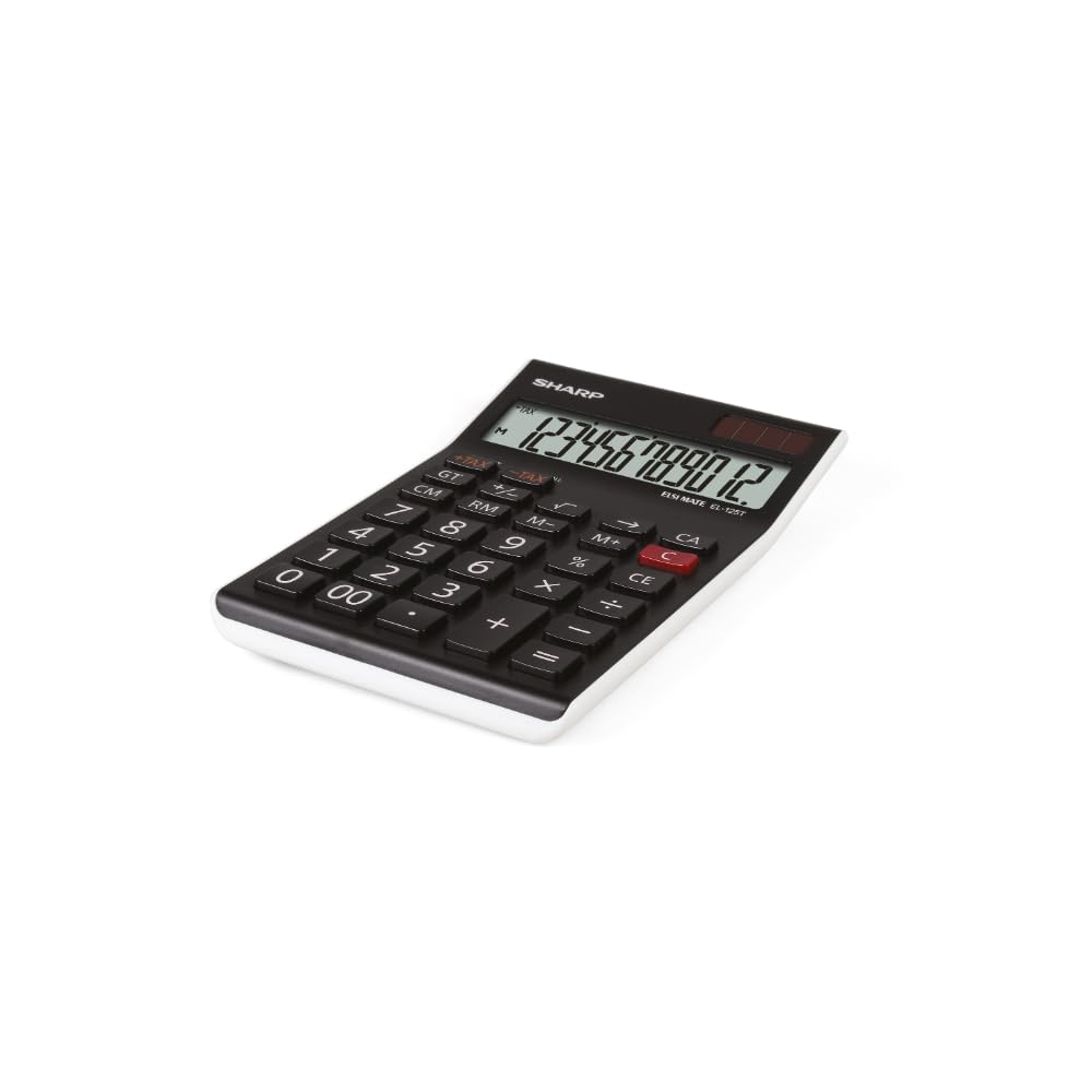 Sharp EL-125T WH kalkulator stołowy (12 miejsc, obliczenie podatku, zasilanie solarne i bateryjne) czarny