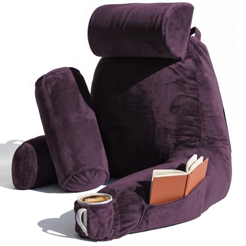 Image of Nestl Reading Pillow with Shredded Memory Foam Includes 2 Neck and Lumber Support Pillows, Designed for Sitting Up in Bed and Couch, Back and Arms Adjustable Support for Adult & Teens, Purple