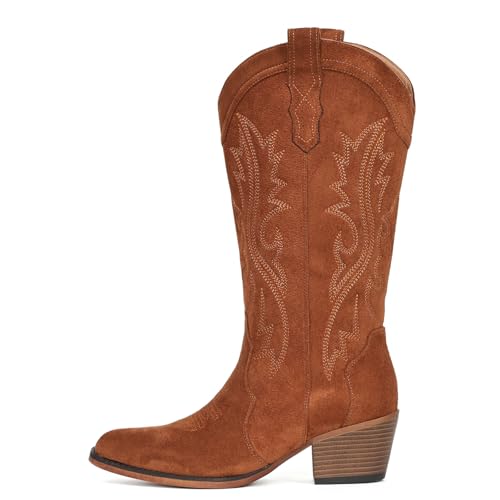 Image of IUV Cowboy Boots For Women Western Cowgirl Boots Mid Calf Snip Toe | Chunky Heel Ideal for low insteps