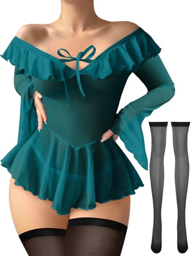 Image of Foxiny Sheer Ruffle Long Sleeve Babydoll Lingerie Dress | Off-shoulder neckline, flared cuffs and a flounce hem add movement; thong and thigh-high stockings complete the 3-piece set