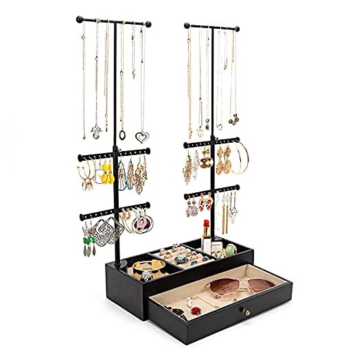 Emfogo Jewelry Organizer Stand Wood Basic Jewelry Drawer Storage Box with Double Rods & 6 Tier Jewelry Tree Stand Holder for Necklaces Bracelet Earring Ring Display(Vintage Black)