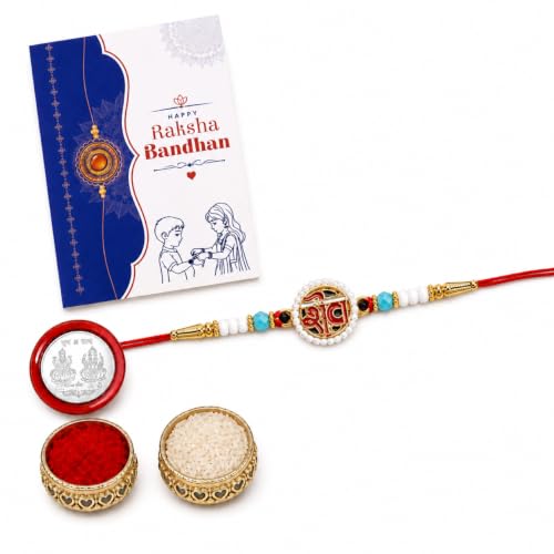 Image of Oblivion Rakhi For Brother Set of 1 - Elegant Mahadev Ji With Beads Thread Designer Rakhi with Tilak Set, Greeting Card and Silver Colour Coin - Traditional Raksha Bandhan Combo for Bhai (Pack of 4)