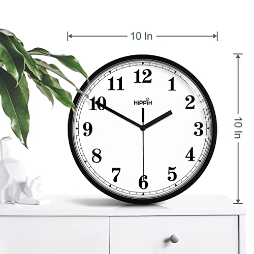 HIPPIH Silent Wall Clock, 10 Inch Modern Wall Clocks Battery Operated, Non Ticking Quality Quartz Round Black Clock Easy to Read, for Living Room, Kitchen, Bedroom, Classroom, Outdoor, Office