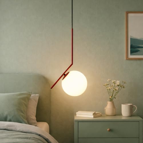 BARCELONA LED Lampada a Sospensione in Vetro a Sfera E27, Corpo in Metallo Alluminio con in Vetro Opalino, Stile Nordico Moderno Giapponese Industriale e Classico per Soggiorno e Cucina, Rosso