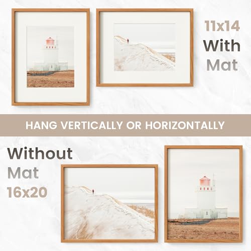 Image of 16 x 20 Picture Frame, USA-Sourced Natural Cherry Wood Photo Collage Frame with HD Tempered Glass, Modern Simple 16x20 Wooden Frame Matted to 11x14, Vertical & Horizontal Wall Hanging Display