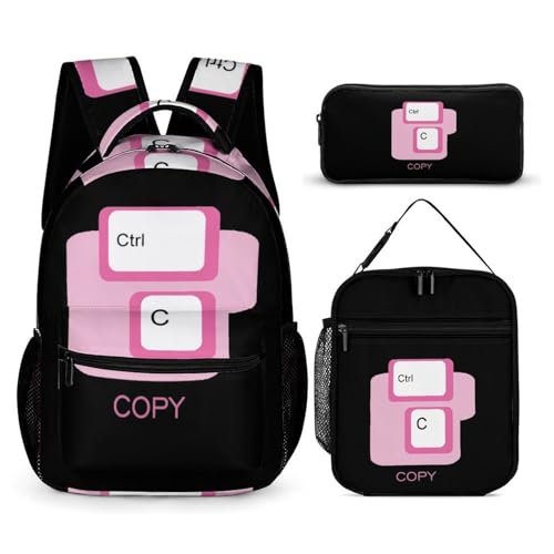 Ctrl C Copy Keyboard Funny Backpack Set Lunch Bag Pencil Case Makeup Bag 3 in 1 for Men Women Travel