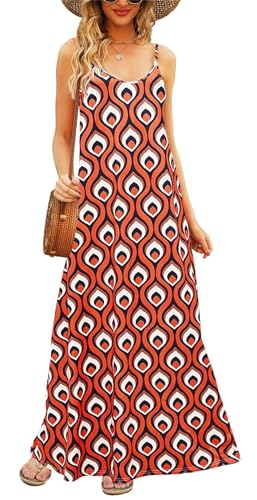 Supnier Vestido largo de verano para mujer, casual, estampado floral, bohemio, tirantes delgados, floral, con bolsillos, anaranjado, multicolor (Multicolor Orange), S