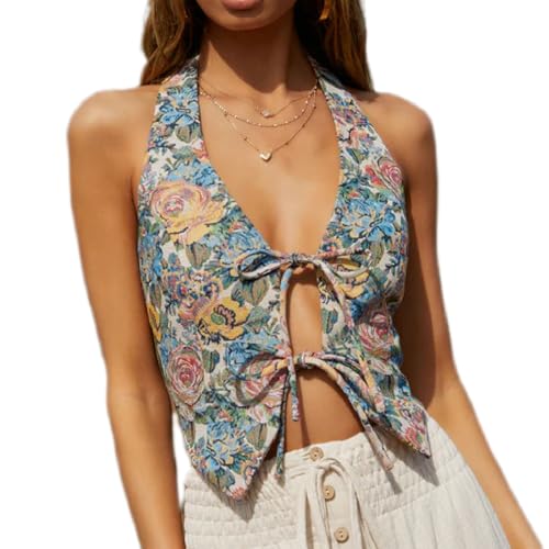 Boho Floral Vest for Women Sleeveless Tie Front Backless Tank Top Low Cut V Neck Tight Vest Cropped Halter Top