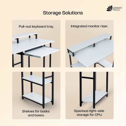 Image of Green Soul Venture Office Table for Home | Computer Table for Home pc with Keyboard Tray, Monitor Riser | 3-Years Assurance | Frosty White | Installation Provided