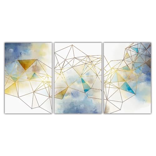 Triptyque d'art mural géométrique jaune 55x75cm avec cadre interne en bois