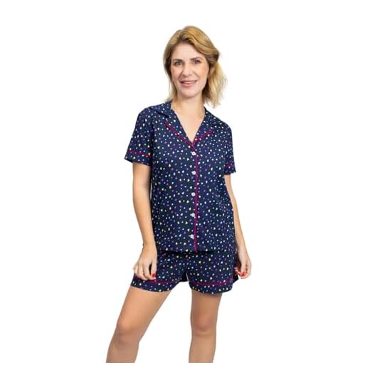 Pijama Algodão Feminino Curto Americano Manga Curta com Botões Verão Adulto indicado Gestante Amamentação e Pós cirúgico -Corações Marinho (BR, Alfa, GG, Regular, Regular, Marinho)
