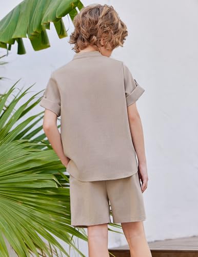 Image of Arshiner Boy's 2 Pieces Linen Sets Short Sleeve Henley Shirt and Shorts Summer Beach Matching Outfits 4-12 Years