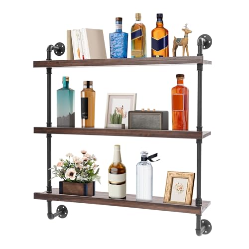 PSUFURV 39 Inch Bar Shelves Wall Mounted, Large Solid Wood Wine Rack 3-Tiers Floating Bar Shelves for Restaurant Bar Wine Shop Wall Bar Cabinet Display Storage Organizer - Dark Walnut Color