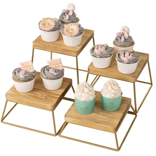 MyGift Gold Food Risers for Display Party, 4-Piece Wood Square Buffet Dessert Stands, Tiered Wooden...