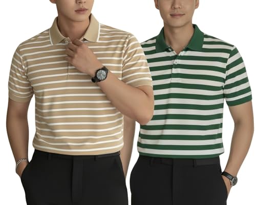 Image of MACK JONNEY Men's Cotton Polo T-Shirt | Regular Fit | Short Sleeve | Striped Casual Wear | Pack of 2 -MJ-1