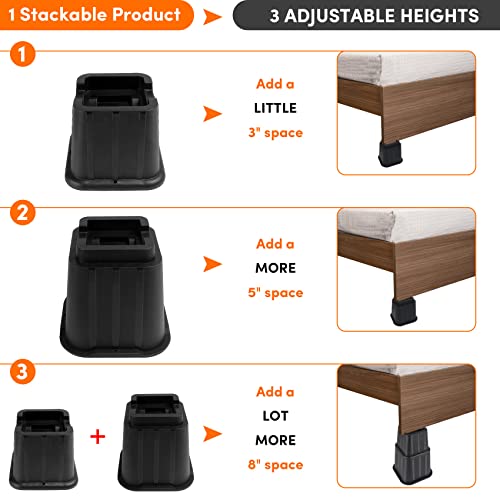 Dedu Adjustable Bed Risers 8 Inch Heavy Duty 4 Pack, Furniture Risers With Casters Wheels For Furniture Without Legs, Couch Risers 3, 5 Or 8 Inch Fits To Desk, Chair, Dorm (Black) #TOP5