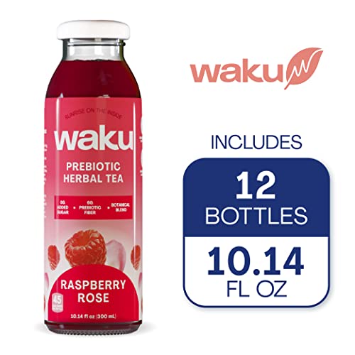 Waku Prebiotic Herbal Iced Tea | Raspberry Rose | Caffeine Free, Zero Sugar, Real Brewed | Anti Inflammatory Tea, Gut Healthy Drinks, 6G Of Prebiotic Fiber | 12 Pack - 10Oz Glass Bottles #TOP4