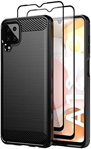 Teayoha Case for Samsung Galaxy A12/M12, with Tempered Glass Screen Protector [2 Pack], Carbon Fiber Scratch Resistant, Shock Absorption Soft TPU Drawing Protective Cases Phone Cover - Black