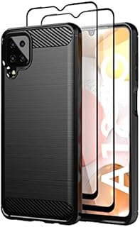 Teayoha Case for Samsung Galaxy A12/M12, with Tempered Glass Screen Protector [2 Pack], Carbon Fiber Scratch Resistant, Shock Absorption Soft TPU Drawing Protective Cases Phone Cover - Black