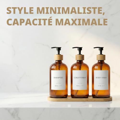 Lot de 3 distributeurs de shampooing et après-shampoing, rechargeables, en PET de 600 ml, avec pompe en plastique en bambou, plateau en bambou, entonnoir et étiquettes, distributeur de gel douche pour – vue 6