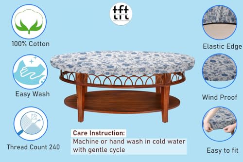 Image of The Furnishing Tree Elastic Cotton Oval Center Table Cover 16x48 in Inches Floral Blue on White Base