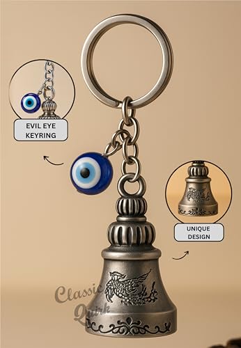 Image of Evil Eye Hooked Guardian Bell Keychain - Protective Lucky Charm Bell with Clip Hook for Bike, Car, Key & Bag | Spiritual Good Luck Talisman Gift