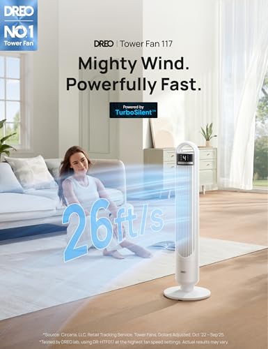Image of DREO Smart Tower Fan for Bedroom, 90 Oscillating Standing Fans for Room with 4 Speeds, 4 Modes, 28dB Quiet for Sleep, 26ft /s Velocity, 8H Timer, Remote /App /Voice Control for Living Room, Office, Home