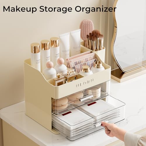 Image of UFORU Makeup Organizer for Vanity with Brush Holder, Countertop Skincare Organizer with 2 Drawers, Spacious Cosmetic Display Case for Perfumes, Eyeshadow Palettes, Nail Polishes