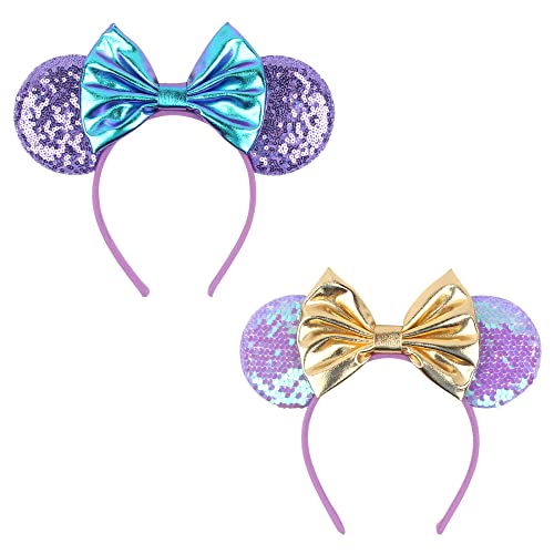 zhezesmila Paquete de 2 diademas brillantes con orejas de ratón, decoración de princesa con purpurina, accesorios para el pelo para niñas, mujeres, adultos, niños, fiesta de cumpleaños (morado)