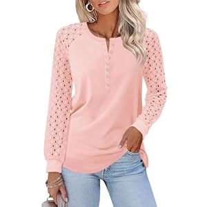 Minetom Women’s Lace Long Sleeve Tops Henley Shirts Casual Blouses T Shirts Fall Clothes