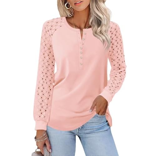 Minetom Women’s Lace Long Sleeve Tops Henley Shirts Casual Blouses T Shirts Fall Clothes