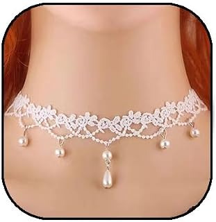 Boho Flower Pearl Lace Choker Necklace Waterdrop Pendant Necklace Choker Vintage Teardrop Clavicle Necklace Dainty Neck Chain for Bridemaids Wedding