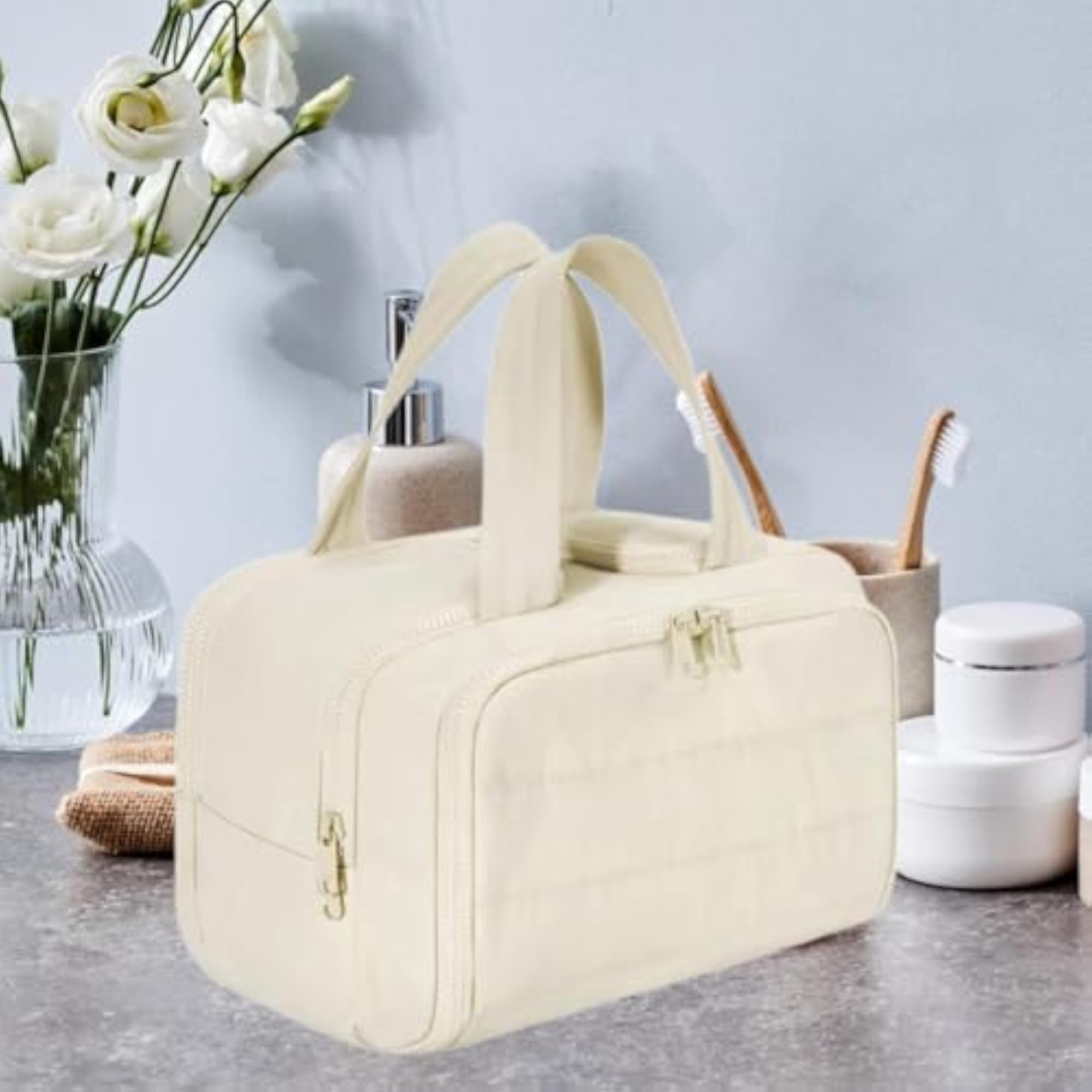 Open Toiletry Bag Organizer for Trips, White